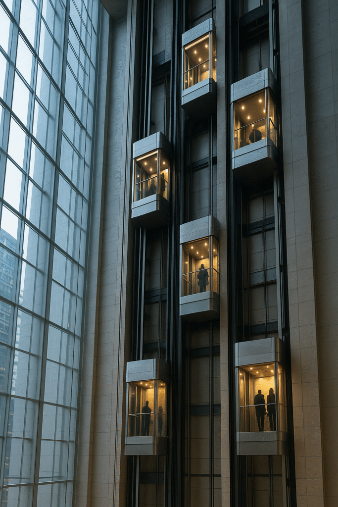 Interior de rascacielos mostrando varios elevadores en operación