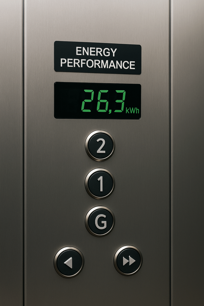 Panel de control mostrando consumo energético de un elevador