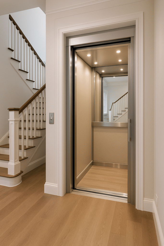 Elevador residencial moderno de vidrio y acero instalado dentro de una casa elegante con escalera de madera.