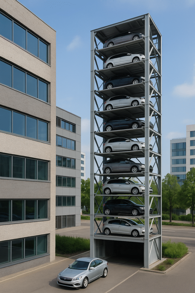 Torre de estacionamiento automatizada con autos apilados en niveles dentro de una estructura metálica en una ciudad moderna.