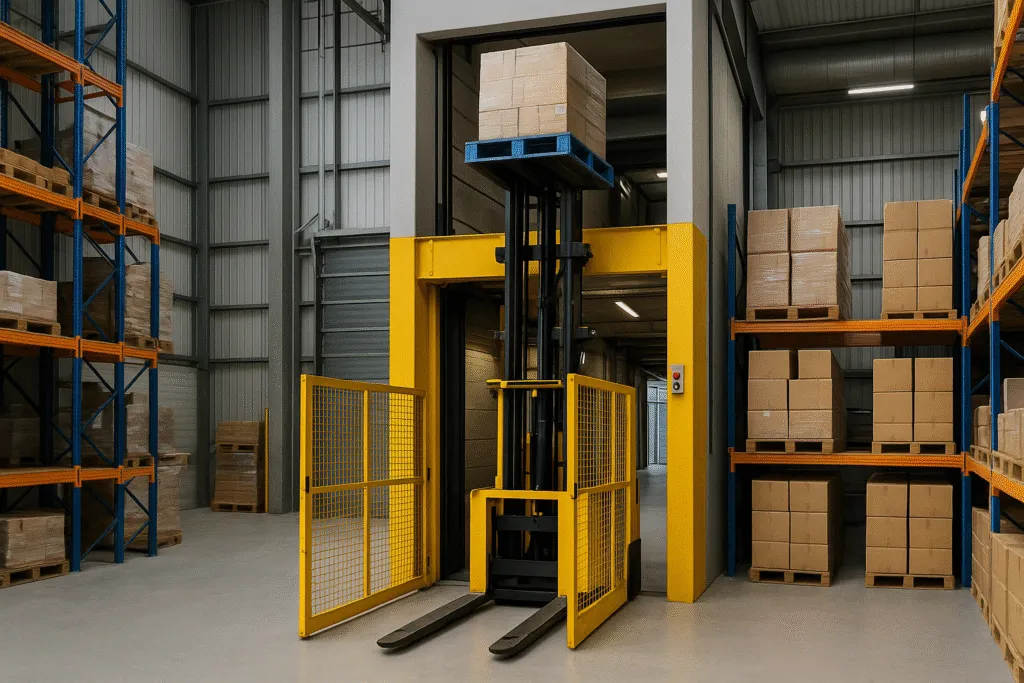 Interior de un almacén industrial con un elevador montacargas en funcionamiento