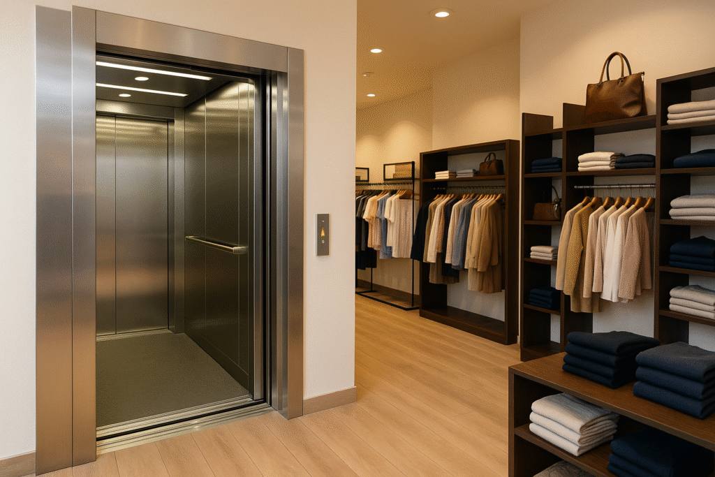 Elevador comercial moderno integrado en un pequeño negocio de ropa con diseño minimalista.