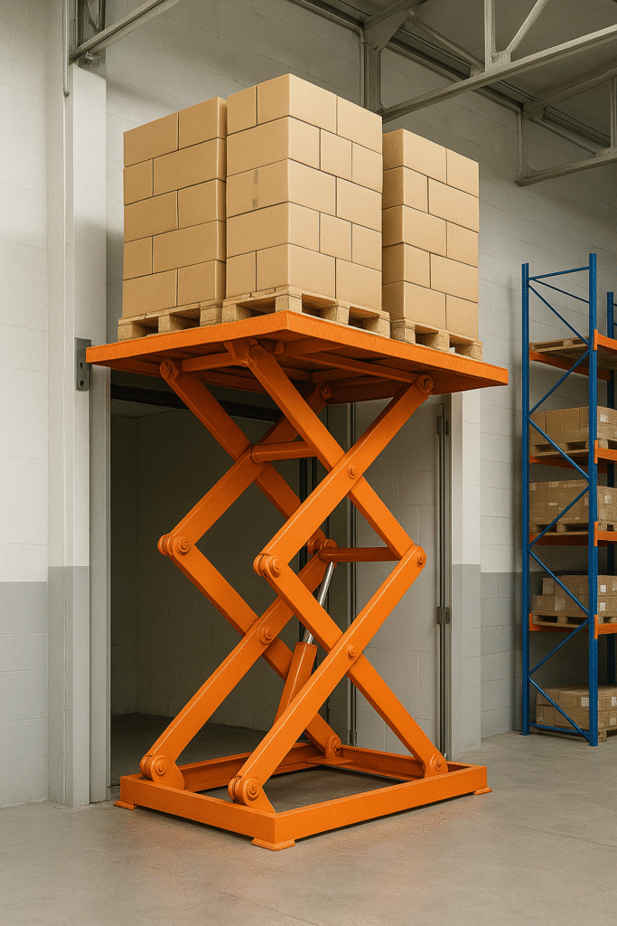 Elevador montacargas hidráulico de tijera transportando pallets en un almacén