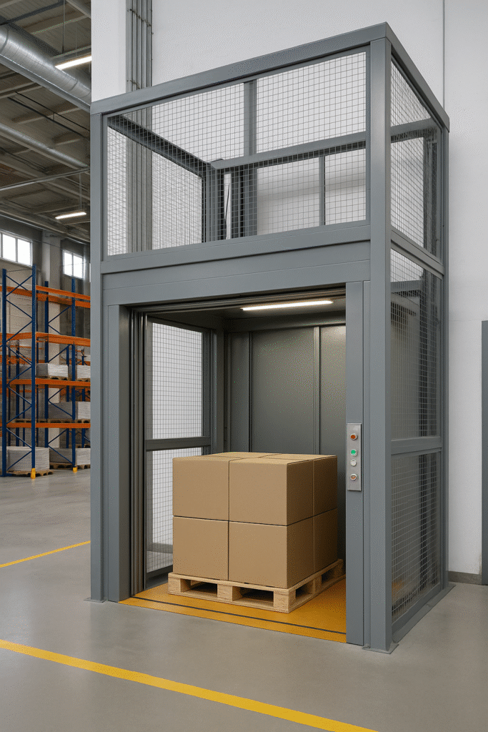 Elevador montacargas industrial con plataforma metálica transportando cajas en un almacén moderno con estanterías