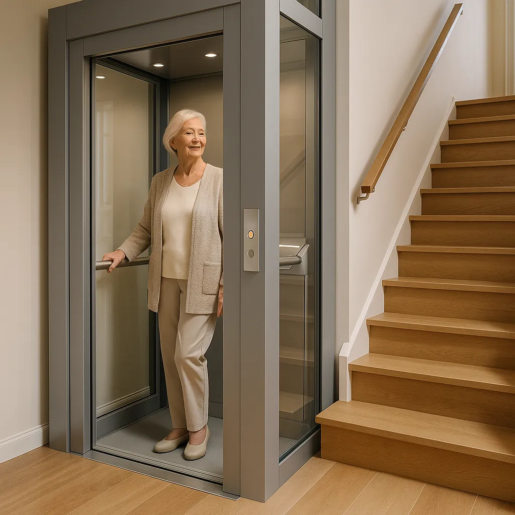 Mujer mayor utilizando un elevador residencial moderno de vidrio y metal en una casa acogedora con escalera de madera al costado
