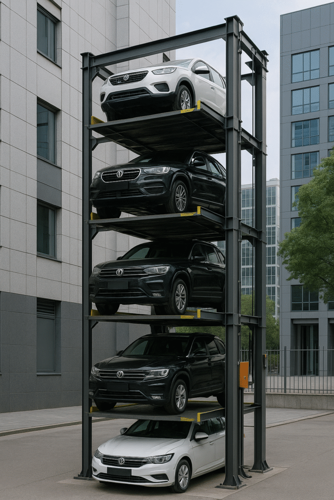 Torre de estacionamiento moderna en ciudad, con autos distribuidos en plataformas verticales de varios niveles