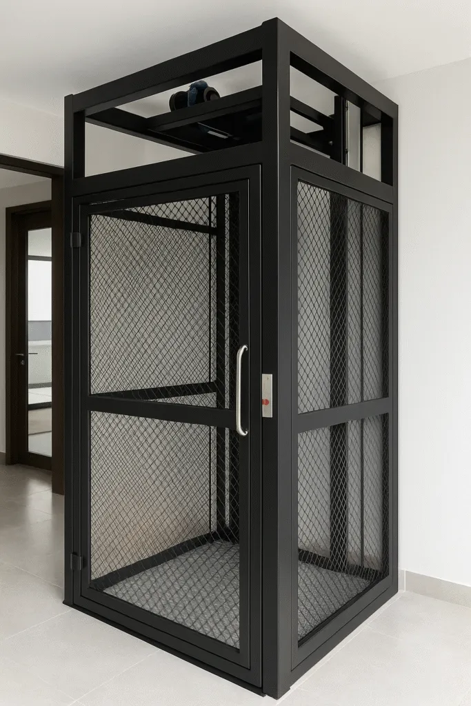 elevador montacargas moderno con interior de acero inoxidable en un edificio contemporáneo