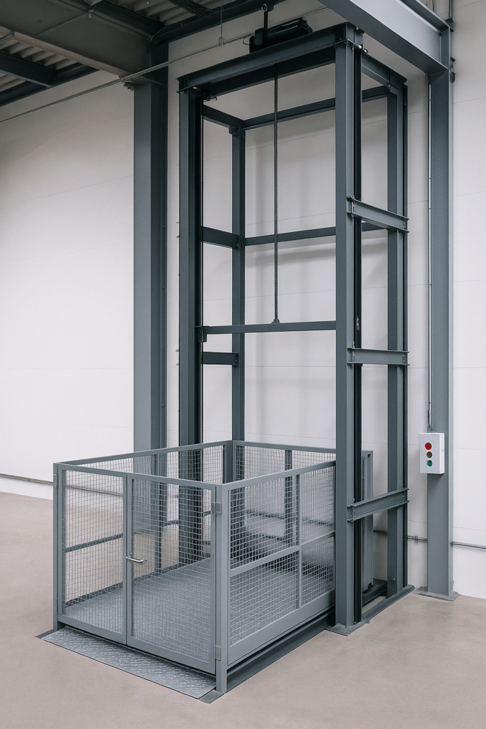 elevador montacargas eléctrico moderno en entorno industrial limpio con estructura metálica