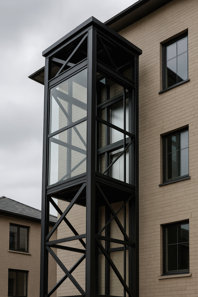 elevador exterior de vidrio con estructura metálica negra junto a edificio moderno