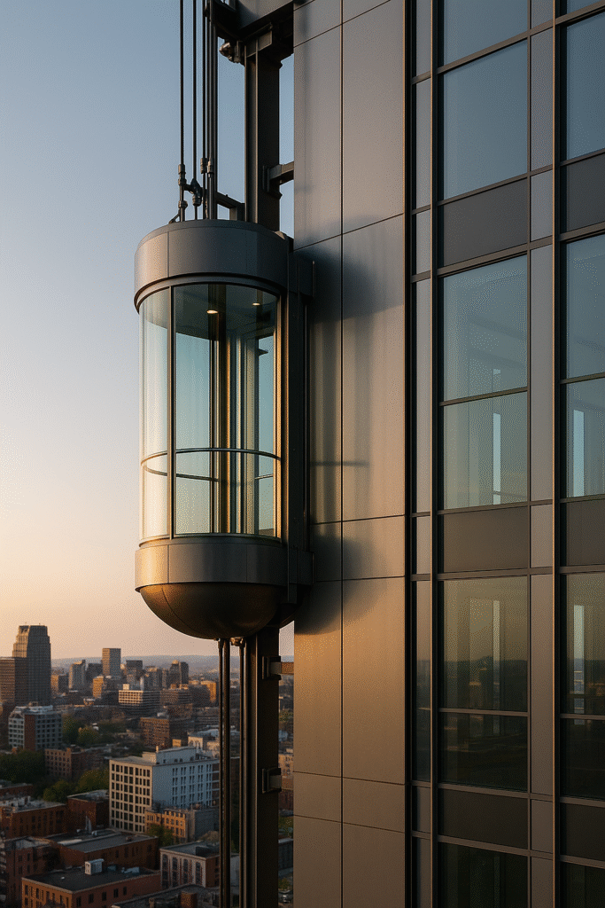 elevador panorámico exterior de vidrio instalado en edificio moderno con vista urbana