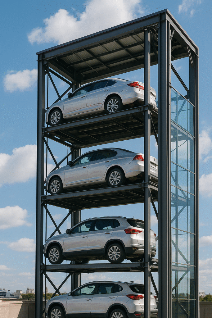 torre de estacionamiento automatizada moderna con autos apilados en varios niveles en una ciudad latinoamericana