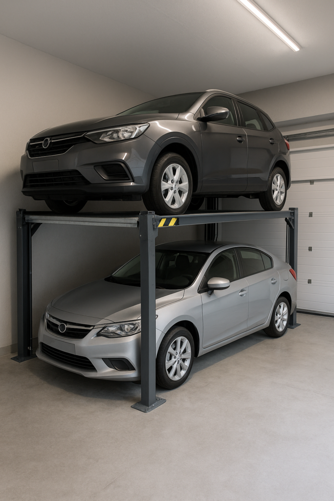 Elevador compacto para autos dentro de un garaje pequeño con dos vehículos en distintos niveles