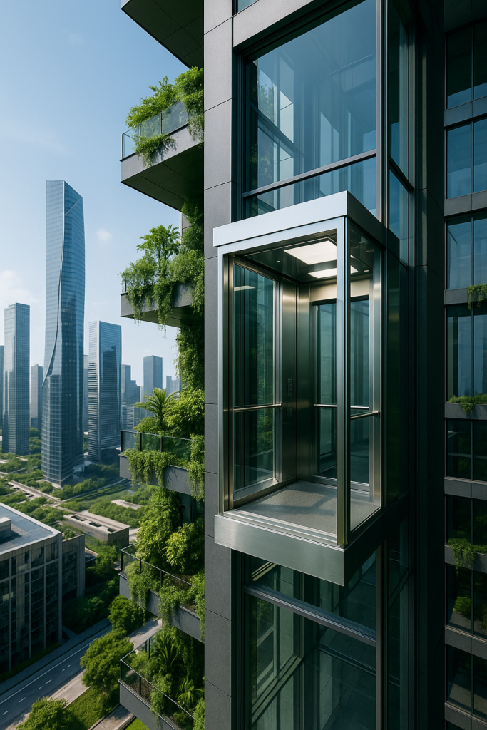 Elevador futurista en un edificio moderno con diseño sustentable y cabina de vidrio panorámico