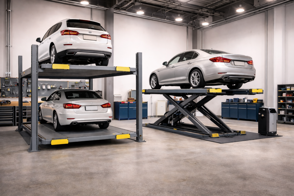 Elevadores para autos residenciales y comerciales tipo plataforma e hidráulicos instalados en estacionamiento moderno