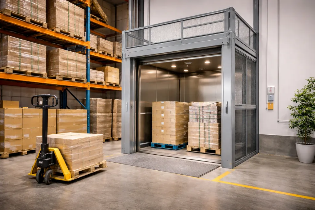 Montacargas industriales para bodegas pequeñas y medianas elevando pallets en almacén compacto con estanterías