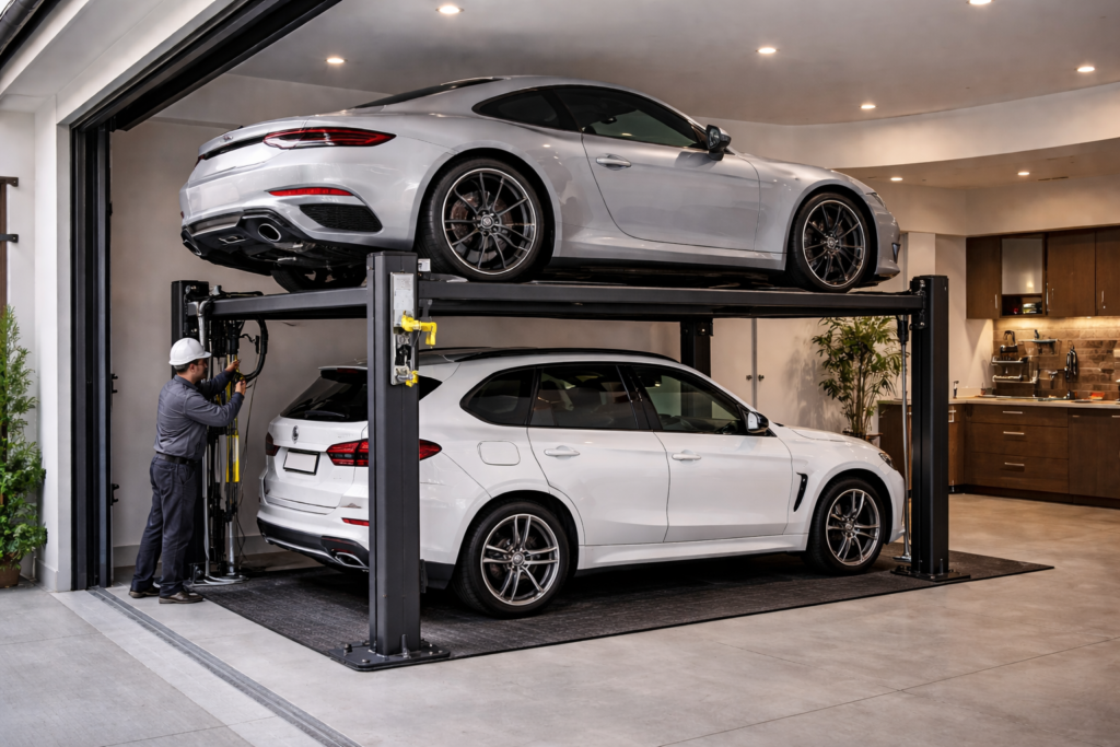 Elevador para autos en casa con requisitos estructurales instalado en garaje residencial moderno con plataforma hidráulica