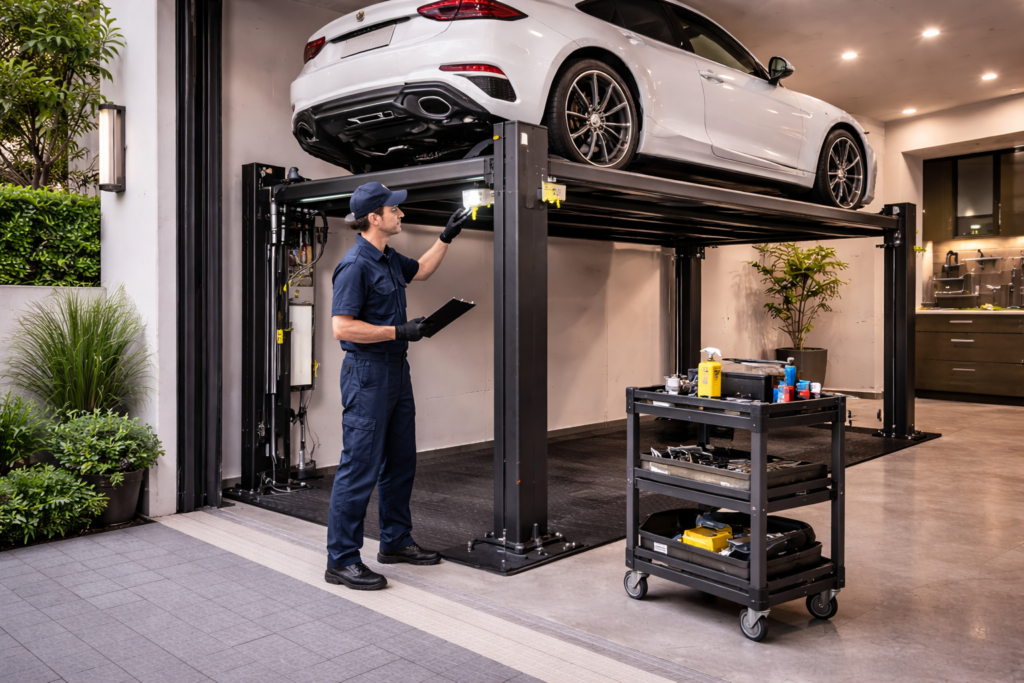 Mantenimiento de parking lift residencial para vivienda realizado por técnico en garaje moderno con plataforma elevando un auto