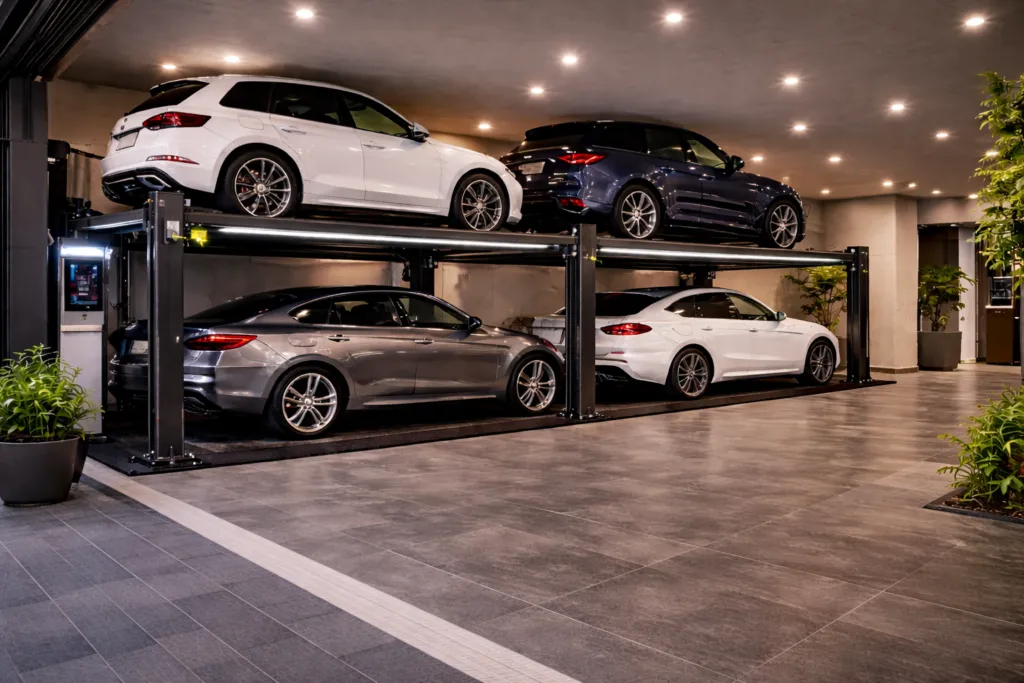 Capacidad ideal de parking lift para proyecto residencial en garaje moderno con plataformas dobles y autos de distintos tamaños