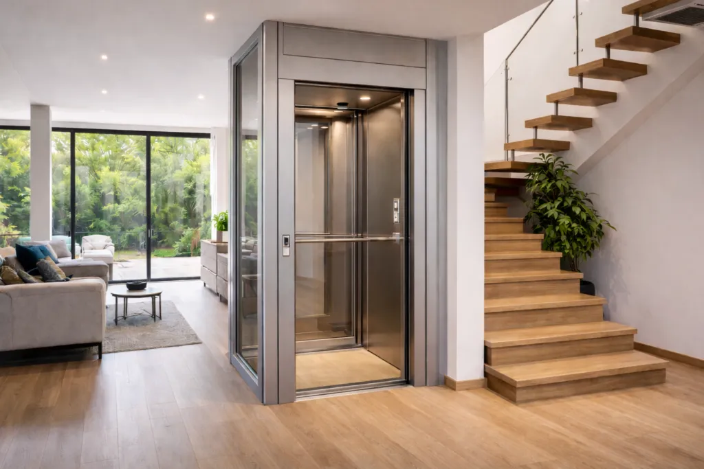 Elevador doméstico compacto sin sala de máquinas instalado en vivienda moderna con espacio reducido y diseño integrado