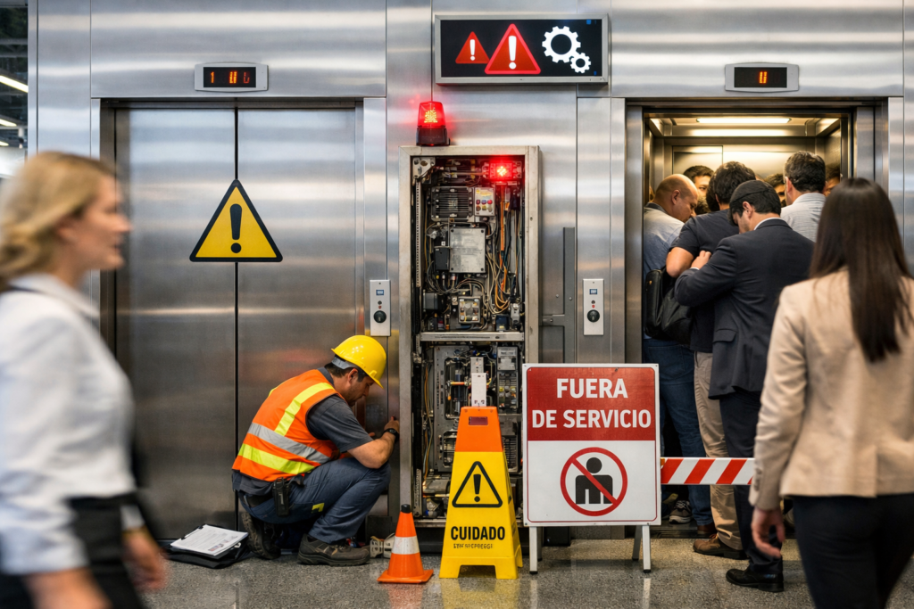elevadores comerciales en edificio de alta demanda con alto flujo de personas y sistema moderno
