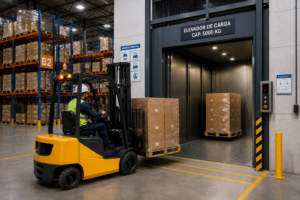Solución de elevadores montacargas para centros logísticos en México con carga industrial moderna