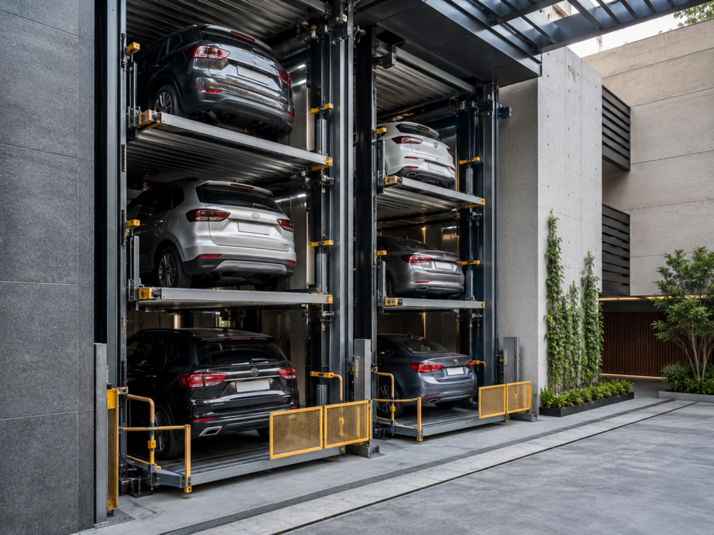 Instalación de sistemas de estacionamiento vertical en México con autos en plataformas modernas