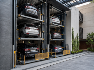 Instalación de sistemas de estacionamiento vertical en México con autos en plataformas modernas