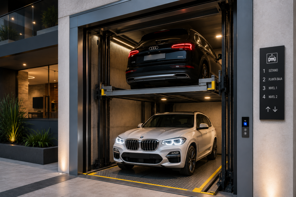 Sistemas de elevadores para autos en México en edificio moderno automatizado