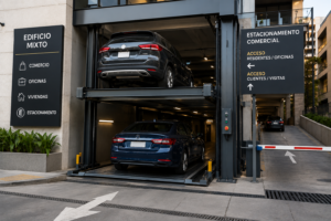 Elevadores comerciales en México para edificios mixtos con estacionamiento vertical para residentes y clientes