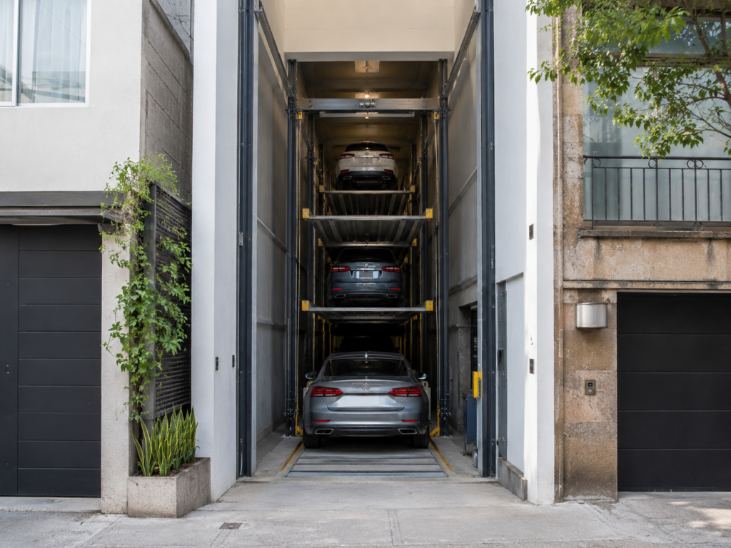 Estacionamiento vertical para frentes angostos con acceso alineado y plataformas distribuidas hacia el fondo.