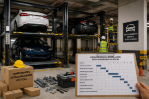 Estacionamiento vertical por tiempo de entrega en México con plataformas listas para instalación y puesta en marcha.