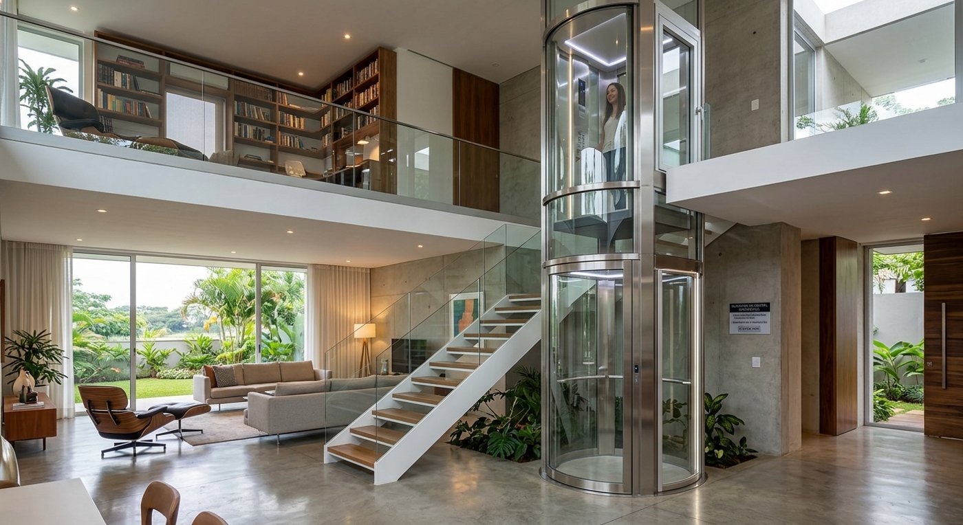 Elevador residencial de cristal en una casa de dos niveles